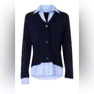 cinq a sept Navy Button-Front Layered Hem Cardigan with Light Blue Shirt Detail